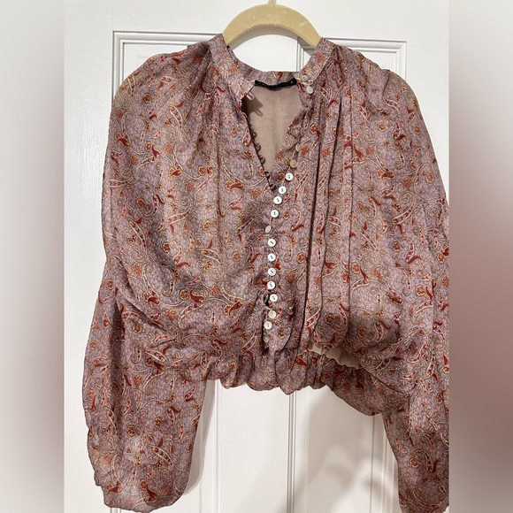 Zara Tops - Zara Cropped Paisley Blouse in Red and Pink